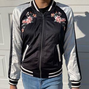 Floral Embroidery Reversible Satin Varsity Jacket